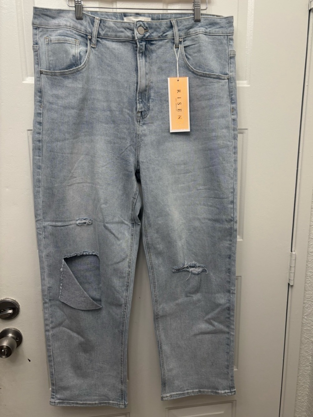 Risen Boutique Light Blue Boyfriend Jeans with Knee Distress